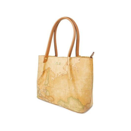 Alviero Martini Prima Classe beige leather handbag with world map design, perfect for women's autumn/winter collection.