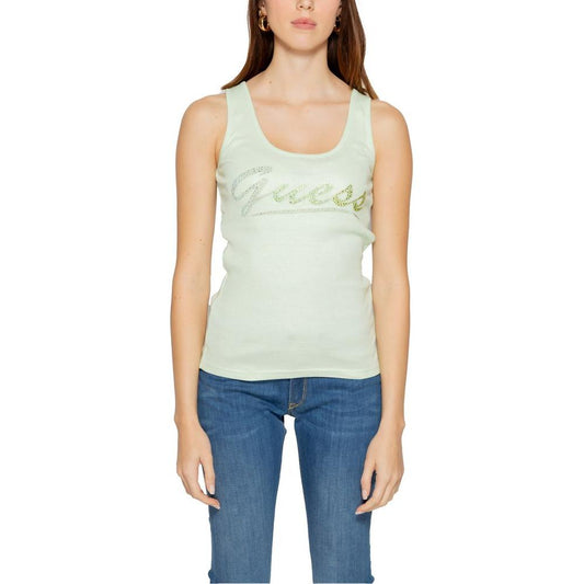 Woman wearing Guess turquoise tank top, spring/summer collection, 100% cotton, front view