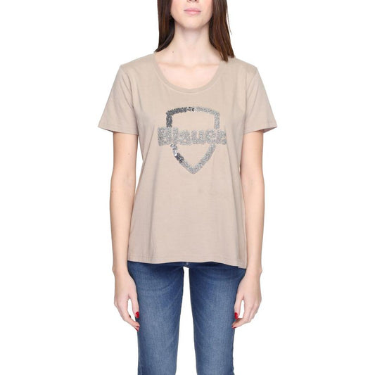 Blauer beige cotton women's T-shirt, spring/summer collection, featuring a logo design on front, worn with blue jeans.