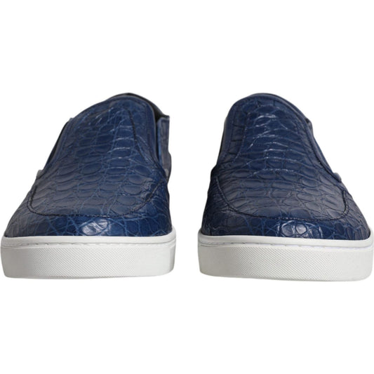 Dolce & Gabbana blue croc leather men's sneakers with white soles, luxury low-top design, authentic and exclusive craftsmanship.