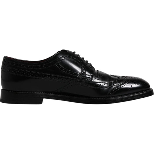 Dolce & Gabbana black leather derby wingtip formal shoes, 100% calfskin, lace-up, made in Italy. Luxury fashion footwear for men.