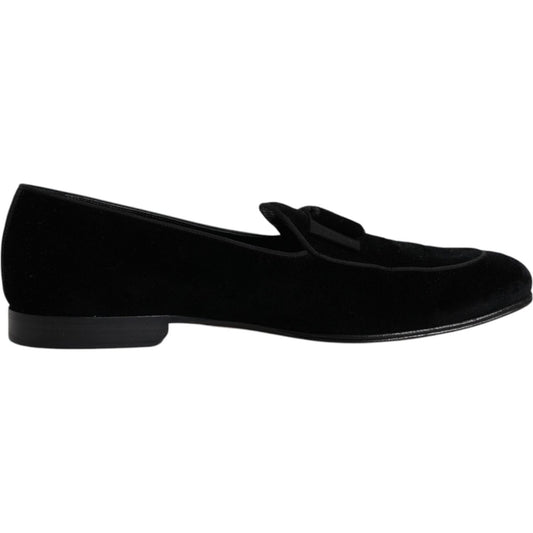 Dolce & Gabbana black velvet loafers for men, formal dress shoes, elegant design with leather outersole, made in Italy.