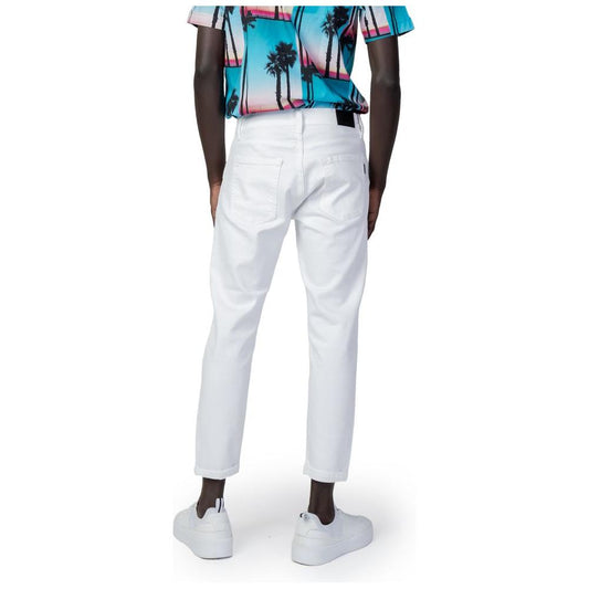 Antony Morato white cotton slim jeans, rear view, showcasing ankle length and slim fit design, worn with casual shoes.