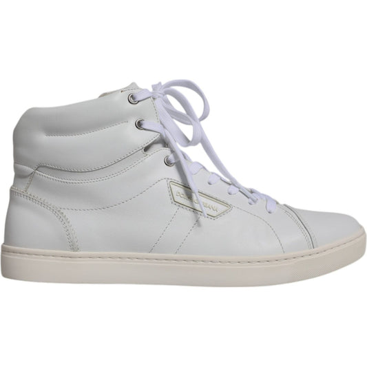 Dolce & Gabbana white leather mid top men sneakers, Italian calfskin, lace-up, rubber sole, logo detail, luxurious designer footwear.