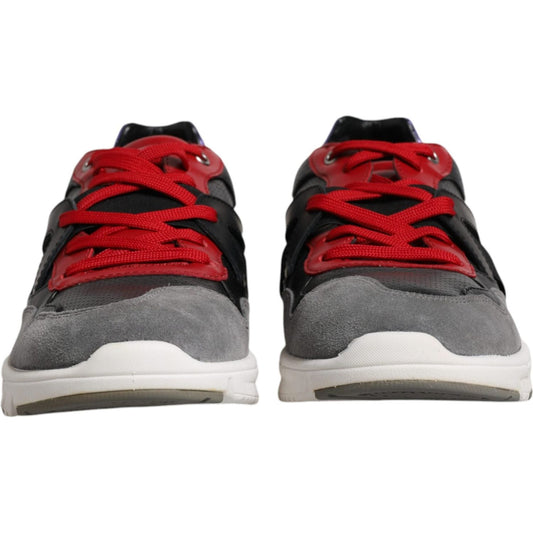 Dolce & Gabbana multicolor leather suede low top sneakers with red laces, rubber sole, and logo details, front view.