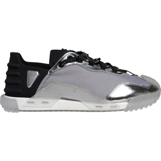 Dolce & Gabbana NS1 low-top sneakers in silver and black nylon with rubber sole, lace-up closure, and logo details. Exclusive high craftsmanship.