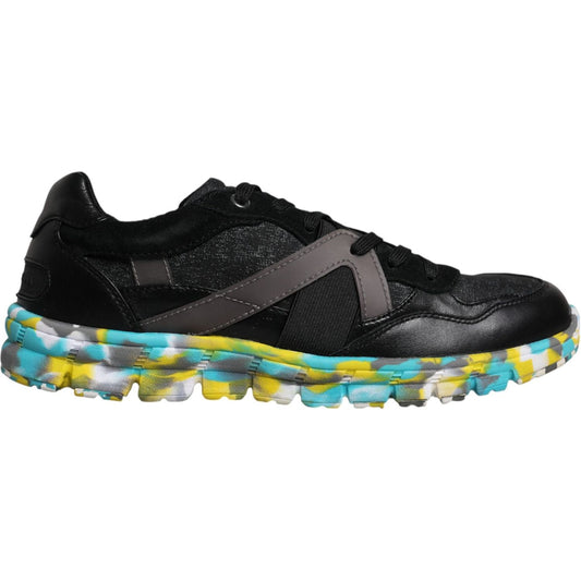 Dolce & Gabbana black polyester low top men's sneakers with colorful sole, lace-up design, logo details, made in Italy, high craftsmanship.