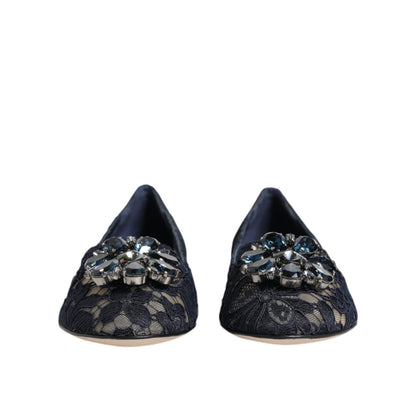 Dolce & Gabbana Blue Taormina Lace Crystals Flats Shoes