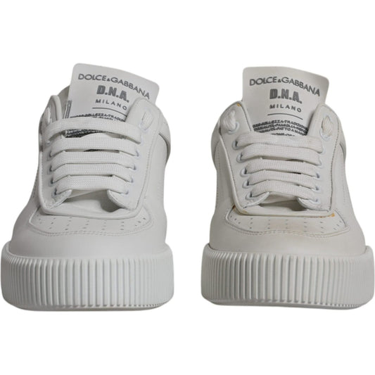 Dolce & Gabbana White Miami Leather Low Top Sneakers with logo detail, lace-up closure, made in Italy. Small defects visible.