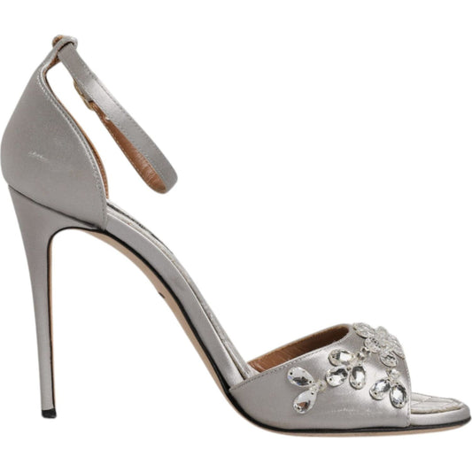 Dolce & Gabbana silver ankle strap sandals with crystal embellishments and leather sole, preowned luxury heels made in Italy