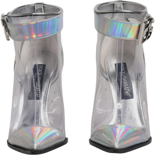 Dolce & Gabbana silver iridescent pointed ankle boots, PVC and leather with buckle closure, logo details, preowned with tags