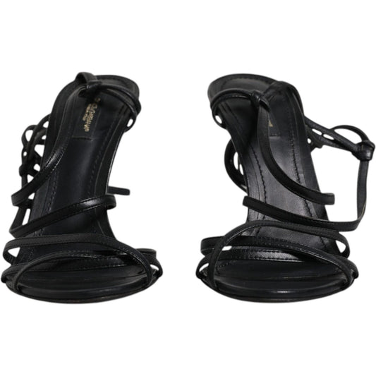 Dolce & Gabbana Keira black leather high heel sandals with tie closure and logo details, made in Italy.