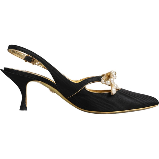 Dolce & Gabbana black slingback heels with faux pearl embellishments, gold accents, and a broken buckle strap. Made in Italy.