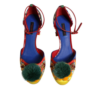 Dolce & Gabbana Multicolor Carretto Crystal Fur Sandals Shoes