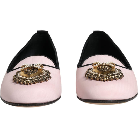 Light pink velvet Dolce & Gabbana slip-on loafers with gold Devotion heart detail, silk blend material, Italian made, minor marks visible.