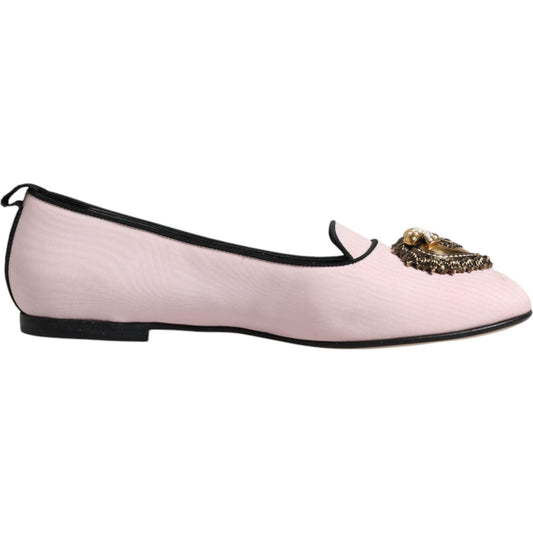 Dolce & Gabbana Light Pink Velvet Slip On Loafers with Gold Heart Detail, Made in Italy, Minor Defect Visible on Shoes