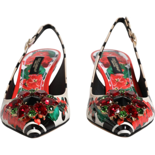 Dolce & Gabbana multicolor leather slingback heels with floral print and crystal embellishments, luxurious Italian design.