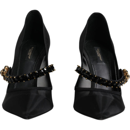 Dolce & Gabbana black mesh Mary Jane shoes with crystal heels, featuring pointed toes and logos, made in Italy.