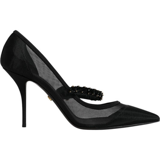 Dolce & Gabbana black mesh Mary Jane crystal heel pumps with pointed toe and stiletto heel, featuring logo details, high quality, made in Italy.