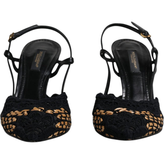 Dolce & Gabbana black brown lace slingback high heels, leather sole, buckle closure, preowned, slightly worn, stylish Italian design