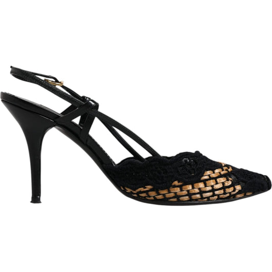 Dolce & Gabbana black brown slingback lace high heels, leather material, buckle closure, elegant design, made in Italy.