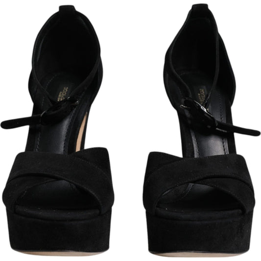 Dolce & Gabbana black leather platform heels sandals with ankle strap and buckle closure, high quality preowned shoes with tags.