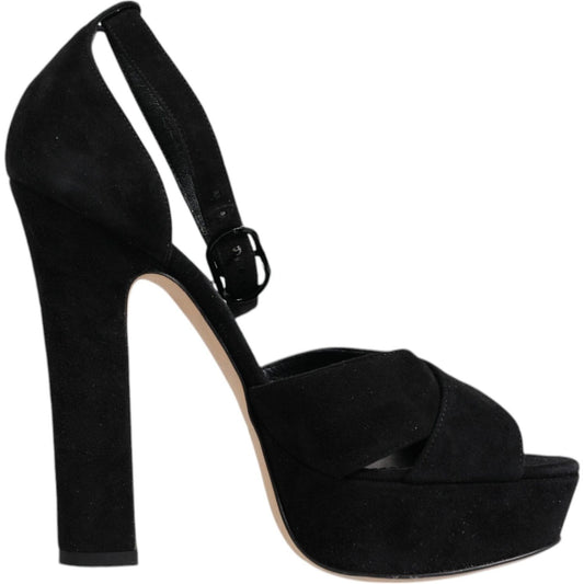 Dolce & Gabbana black leather platform heels sandals with ankle strap and buckle closure, made in Italy, preowned with tags.