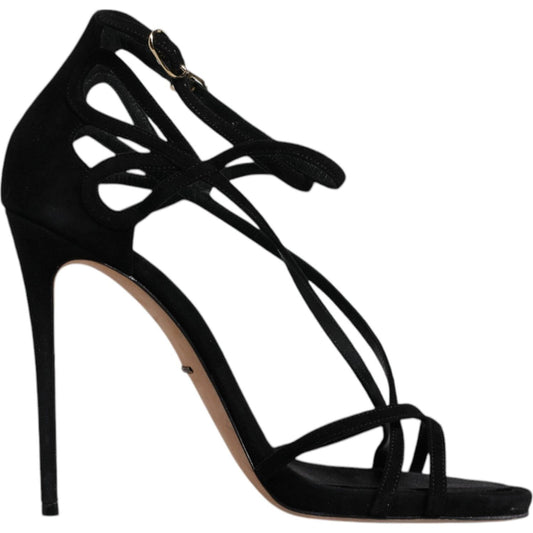 Dolce & Gabbana black suede ankle strap heel sandals with buckle closure and logo, high quality Italian craftsmanship.