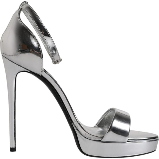 Dolce & Gabbana KEIRA silver ankle strap heels with high stiletto, leather sole, and buckle closure, elegant Italian footwear.