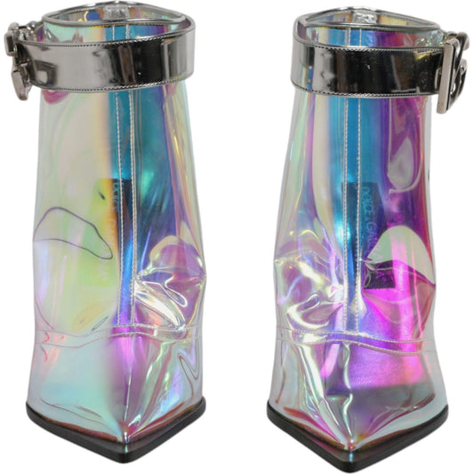 Dolce & Gabbana silver iridescent pointed short boots with buckle closure and logo detail, made in Italy, side view.