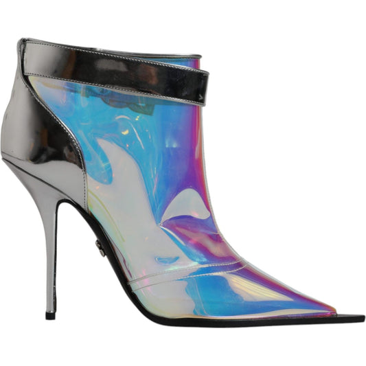 Dolce & Gabbana silver iridescent pointed ankle boots with buckle closure, high heel, leather sole, and logo details. Made in Italy.
