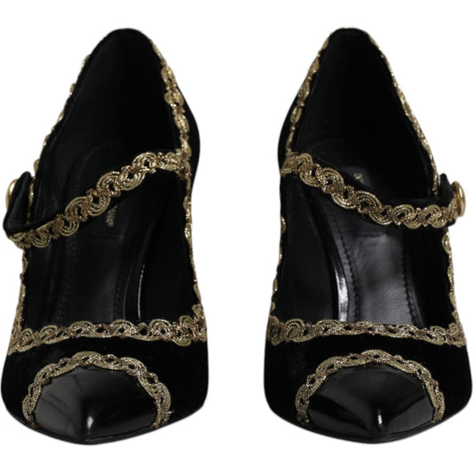 Dolce & Gabbana Black Velvet Mary Janes with Gold Embroidery, Pointed Toes, Gold Studded Ankle Straps, High Quality Italian Shoes