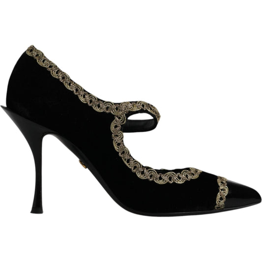 Dolce & Gabbana black velvet pumps with gold embroidery and studded ankle straps, pointed toe design, leather sole, high heel.