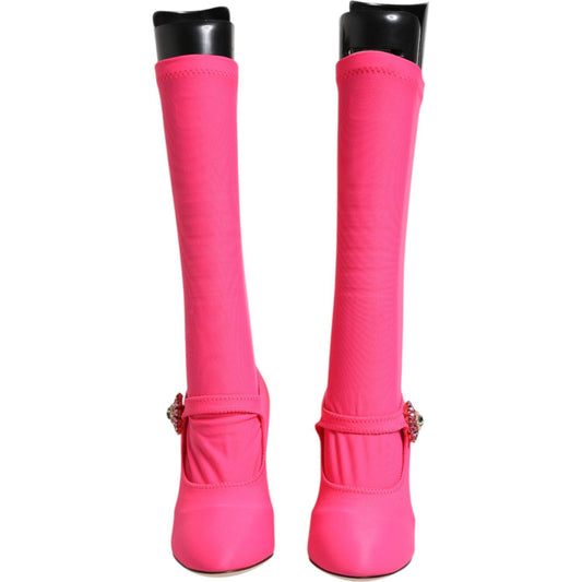 Dolce & Gabbana pink nylon crystal Vally high boots with embellishments, under-knee length, leather sole, luxury fashion footwear.