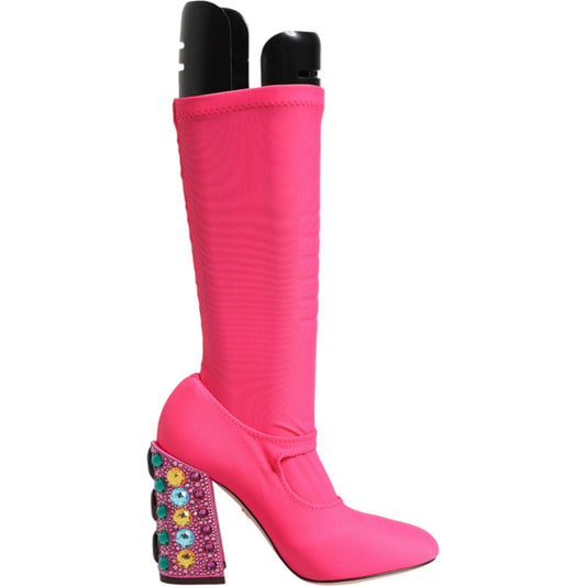 Dolce & Gabbana Pink Nylon Crystal Vally High Boots with embellished heel, luxury designer footwear, high-quality Italian craftsmanship.