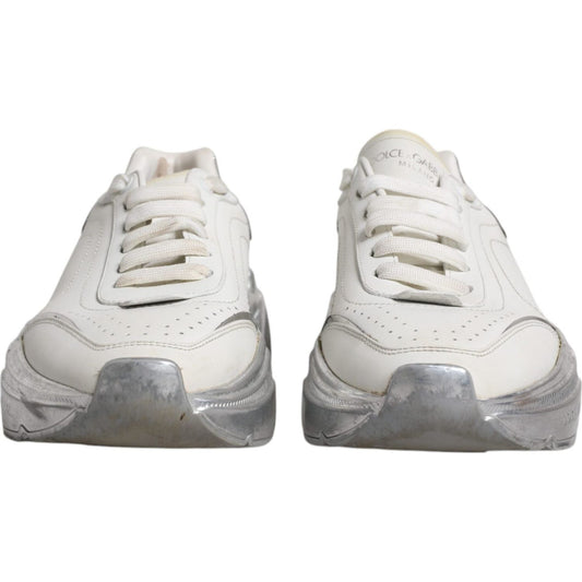 Dolce & Gabbana White Silver Daymaster Low Top Sneakers, preowned with tags, high-quality calf leather, rubber sole, lace-up, made in Italy.