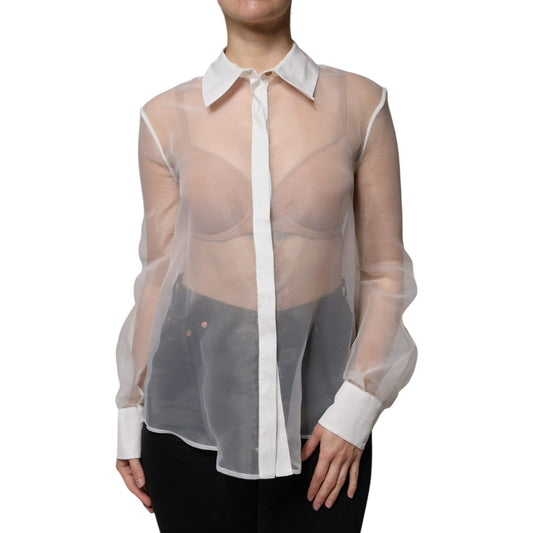 Elisabetta Franchi white sheer collared buttoned long sleeves top for women, elegant design, polyester, minor stains visible