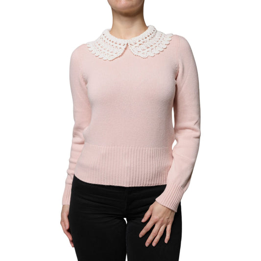 Dolce & Gabbana pink cashmere collared knitted long sleeves top with lace collar, showing minor pen marks on right sleeve