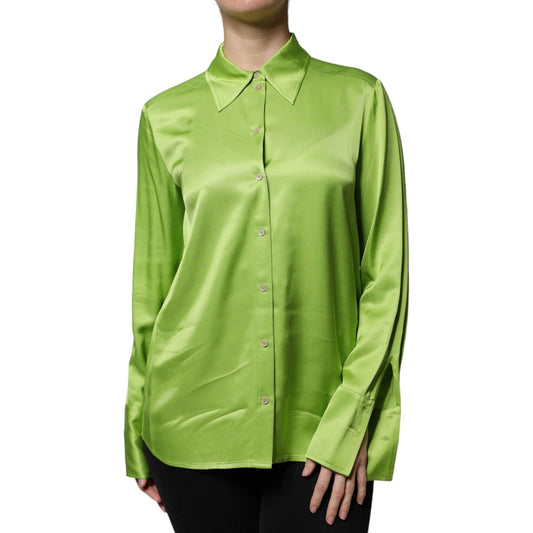 Patrizia Pepe green viscose blouse with long sleeves and collar, button closure, featuring a minor defect of a missing button on the sleeve.