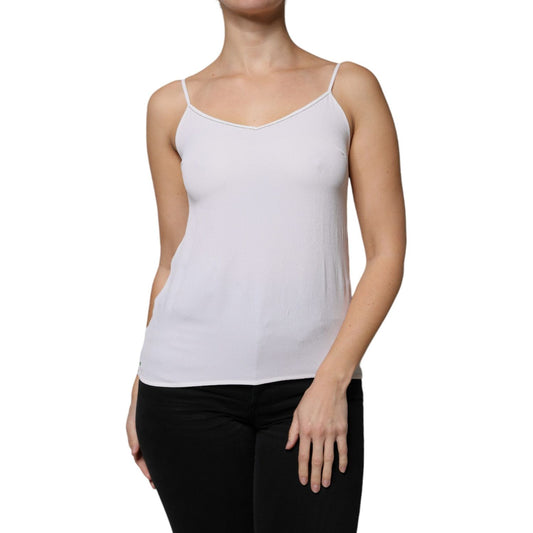 Woman wearing Fabiana Filippi white spaghetti strap sleeveless tank top with sweetheart neck, made of 57% acetate and 43% silk.