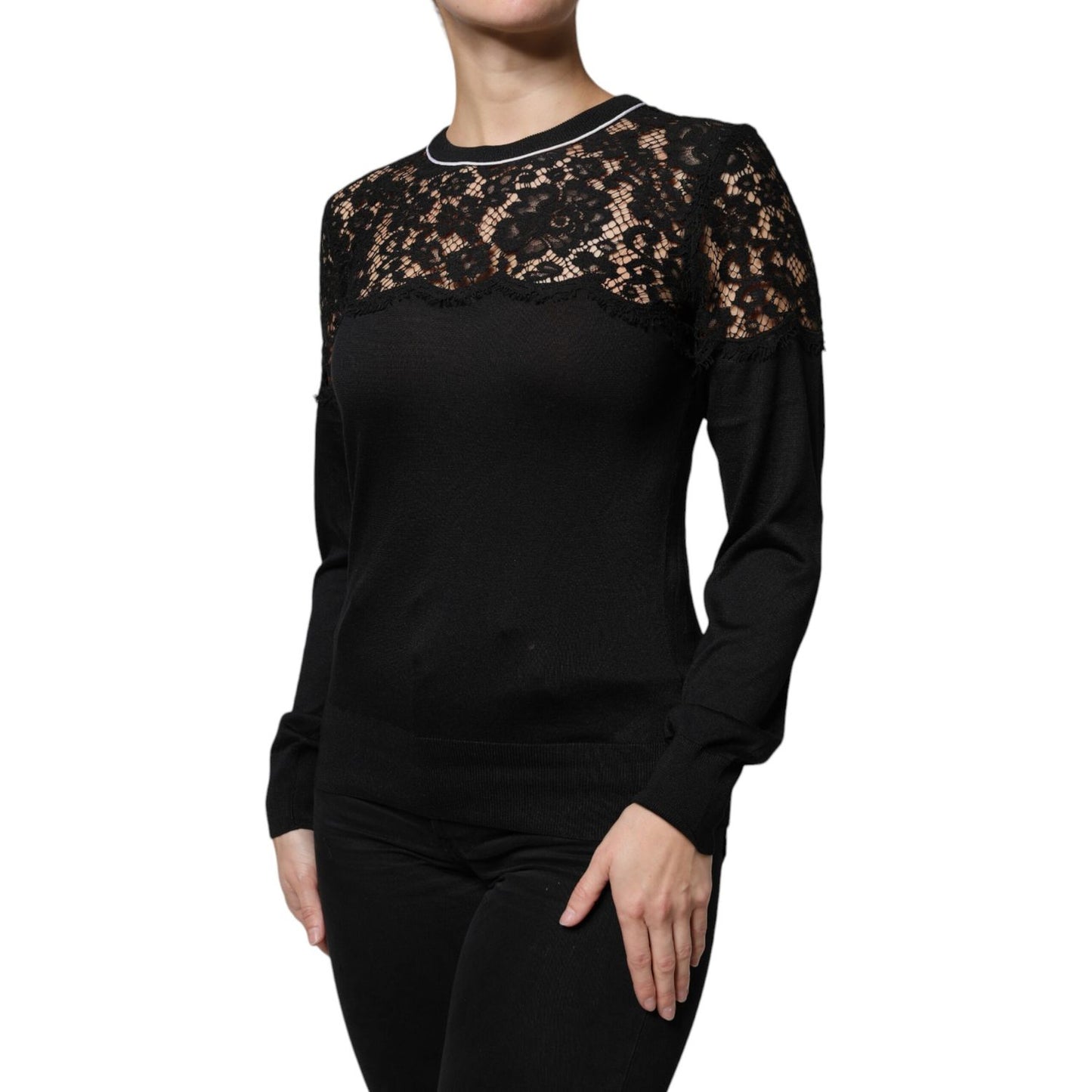 Dolce & Gabbana Black Floral Lace Silk Pullover Blouse Top