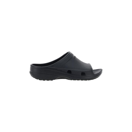 Alt Tag: Black Balenciaga Eva Sandals with rubber design, embossed logo, and open toe front view.