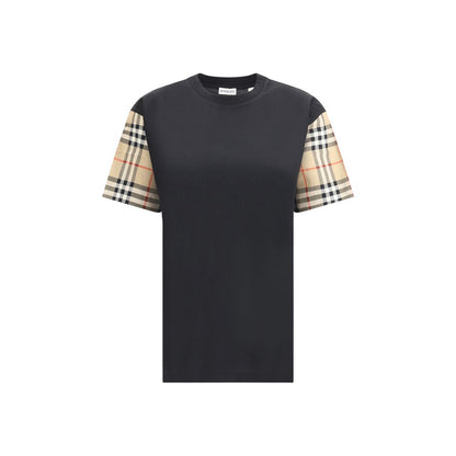 Burberry Black Cotton T-Shirt with Archivio Check sleeves, stylish contrast in design.