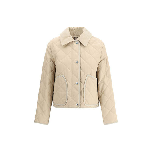 Beige quilted jacket with corduroy collar, front zipper, snaps, and patch pockets. Features Burberry Archivio Check interior pattern.