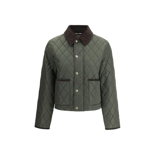 Burberry quilted jacket with corduroy collar, front pockets, and velvet hems, showcasing iconic Archivio Check interior lining.