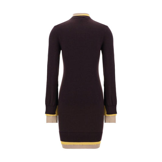 Back view of Fendi wool mini dress with long sleeves, ribbed details, and contrasting monogram on the front.