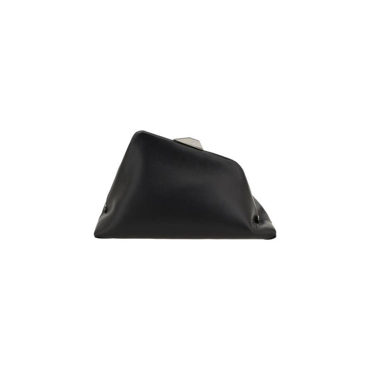 Side view of The Attico Day Off Shoulder Bag, featuring a geometric shape and flat metal support feet in black leather.