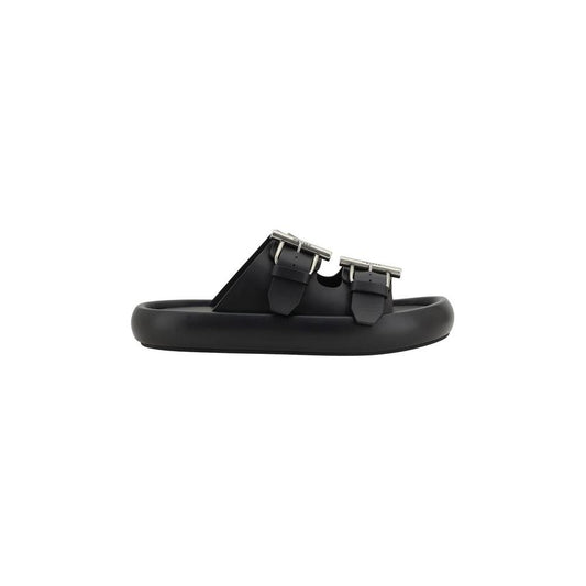 Alexander McQueen black leather sandals with metal buckles and logo, featuring a platform sole and modern design.