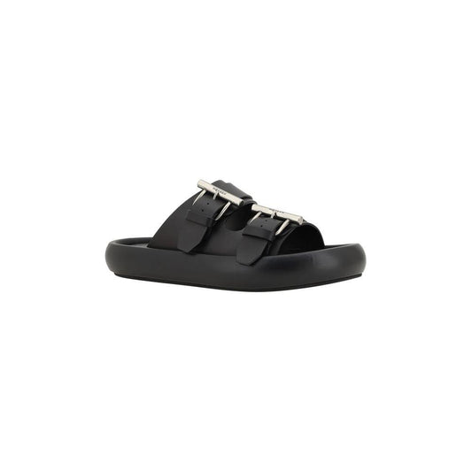 Alexander McQueen black leather sandals with metal buckles and logo embossed, featuring bold design and convex sole.