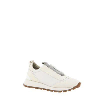 Brunello Cucinelli White Rubber Low Top Sneakers with slip-on style, round toe, shiny jewels, suede details, embossed monogram.